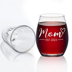 Modwnfy New Parents Gift, Mom & Dad Est 2023 Stemless Wine Glass and Beer Glass Set for New Parents Parents to Be Mom Dad, Ideal Gift for Christmas Mother's Day Father's Day Daily Use