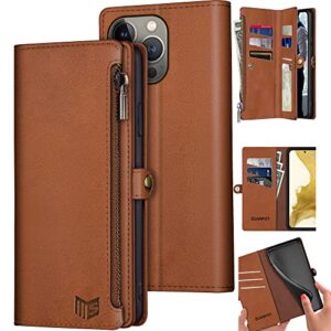 suanpot for iphone 14 pro max wallet case 【rfid blocking】【9 card slot】【pocket】,credit card holder flip folio book zipper pu leather protective cover women men for 14 promax phone case light brown