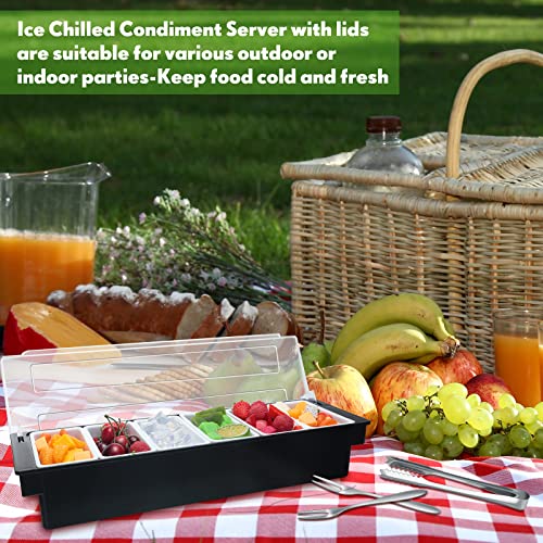 2 Pack Ice Cooled Garnish Tray Deck Bar Garnish Caddy Condiment Containers with Lids and Removable Chilled Condiment Server with 6 Tongs and 6 Fruit Forks for Home Work or Restaurant