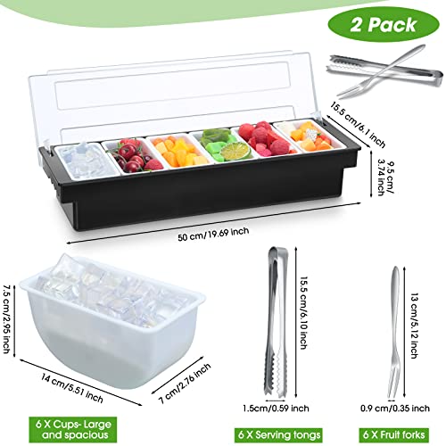 2 Pack Ice Cooled Garnish Tray Deck Bar Garnish Caddy Condiment Containers with Lids and Removable Chilled Condiment Server with 6 Tongs and 6 Fruit Forks for Home Work or Restaurant