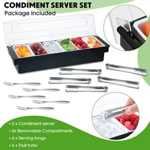 2 Pack Ice Cooled Garnish Tray Deck Bar Garnish Caddy Condiment Containers with Lids and Removable Chilled Condiment Server with 6 Tongs and 6 Fruit Forks for Home Work or Restaurant