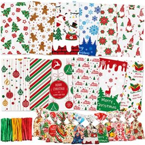 moretoes 216pcs christmas treat bags cellophane bags with 180pcs twist ties snowflake & gingerbread man 12 assorted styles goodie bags for christmas party supplies