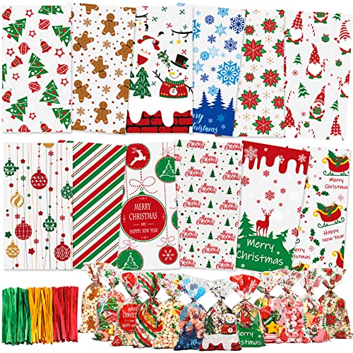 Moretoes 216pcs Christmas Treat Bags Cellophane Bags with 180pcs Twist Ties Snowflake & Gingerbread Man 12 Assorted Styles Goodie Bags for Christmas Party Supplies