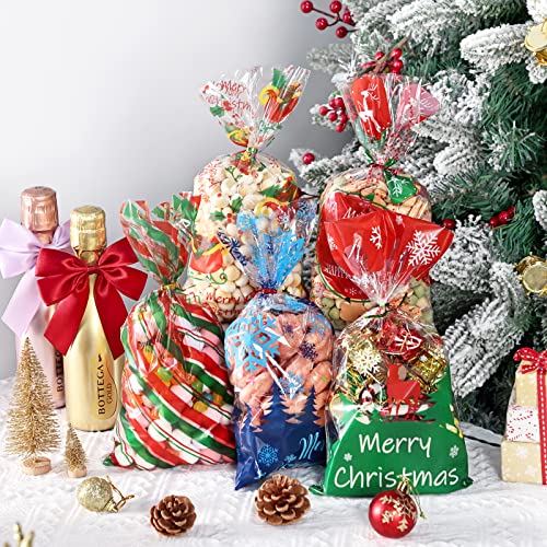 Moretoes 216pcs Christmas Treat Bags Cellophane Bags with 180pcs Twist Ties Snowflake & Gingerbread Man 12 Assorted Styles Goodie Bags for Christmas Party Supplies