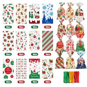 Moretoes 216pcs Christmas Treat Bags Cellophane Bags with 180pcs Twist Ties Snowflake & Gingerbread Man 12 Assorted Styles Goodie Bags for Christmas Party Supplies