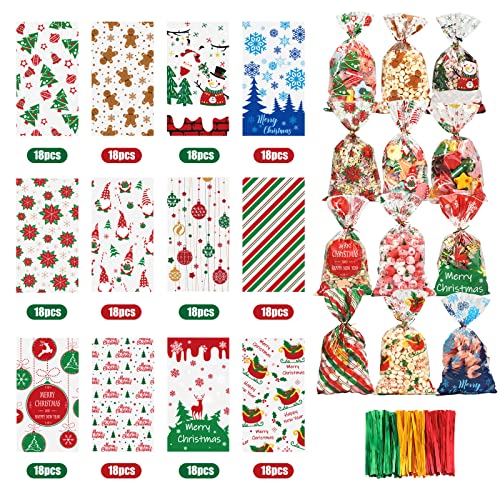 Moretoes 216pcs Christmas Treat Bags Cellophane Bags with 180pcs Twist Ties Snowflake & Gingerbread Man 12 Assorted Styles Goodie Bags for Christmas Party Supplies