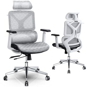 memobarco ergonomic office chair, high back desk chair with lumbar back support, 3d adjustable armrest & 3d headrest, comfortable computer mesh chair with pu wheels for executive, gaming, white