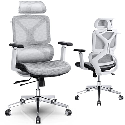 Memobarco Ergonomic Office Chair, High Back Desk Chair with Lumbar Back Support, 3D Adjustable Armrest & 3D Headrest, Comfortable Computer Mesh Chair with PU Wheels for Executive, Gaming, White