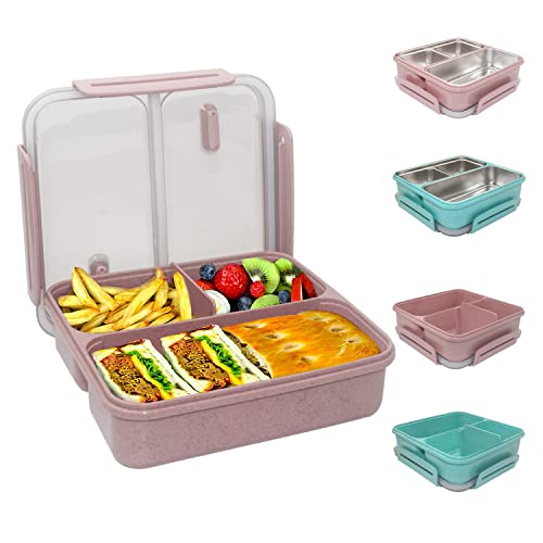 Mektler Wheat Fiber Lunch Boxes, Bento Lunch Box with Devider, 3-Compartments Lunch Food Containers for Meal Prep, Eco-Friendly Bento Lunch Box for School, Traveling, Work (Light Pink)