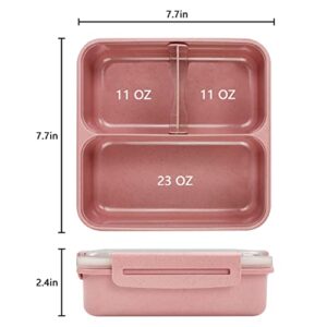 Mektler Wheat Fiber Lunch Boxes, Bento Lunch Box with Devider, 3-Compartments Lunch Food Containers for Meal Prep, Eco-Friendly Bento Lunch Box for School, Traveling, Work (Light Pink)