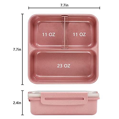 Mektler Wheat Fiber Lunch Boxes, Bento Lunch Box with Devider, 3-Compartments Lunch Food Containers for Meal Prep, Eco-Friendly Bento Lunch Box for School, Traveling, Work (Light Pink)