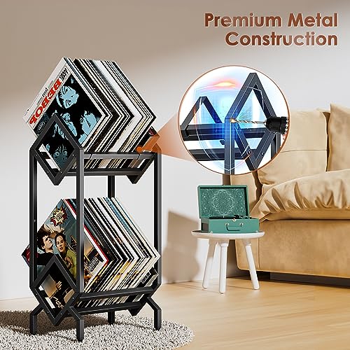 BOEASTER Vinyl Record Storage Rack, Record Holder 160-200 LP Storage Shelf Display Stand for Albums Books Magazines Files, Matte Black