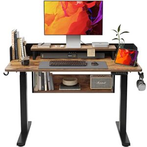 fezibo electric height adjustable standing desk with double shelves, 48 x 24 inch home office desk with monitor stand and storage, sit stand lift desk, rustic brown