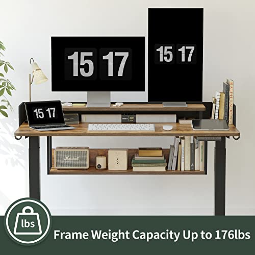 FEZIBO Electric Height Adjustable Standing Desk with Double Shelves, 48 x 24 Inch Home Office Desk with Monitor Stand and Storage, Sit Stand Lift Desk, Rustic Brown