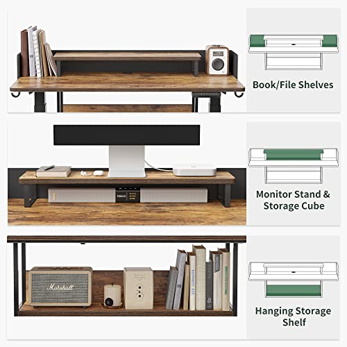 FEZIBO Electric Height Adjustable Standing Desk with Double Shelves, 48 x 24 Inch Home Office Desk with Monitor Stand and Storage, Sit Stand Lift Desk, Rustic Brown