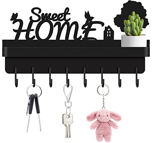 HLWDFLZ Key and Mail Holder for Wall - 2 in 1 Key Hanger for Wall Decorative with 8 Key Hooks for Entrance, Mudroom, Hallway, Bathroom, Kitchen, Matte Black 12.07" x 2.36" x 6.7"