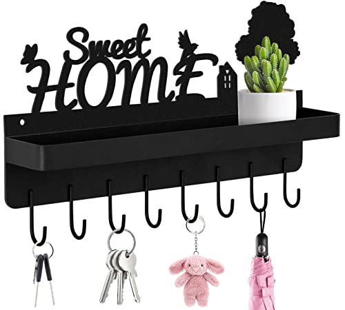 HLWDFLZ Key and Mail Holder for Wall - 2 in 1 Key Hanger for Wall Decorative with 8 Key Hooks for Entrance, Mudroom, Hallway, Bathroom, Kitchen, Matte Black 12.07" x 2.36" x 6.7"