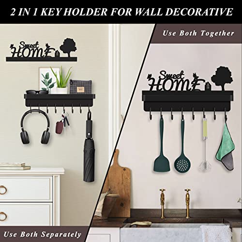 HLWDFLZ Key and Mail Holder for Wall - 2 in 1 Key Hanger for Wall Decorative with 8 Key Hooks for Entrance, Mudroom, Hallway, Bathroom, Kitchen, Matte Black 12.07" x 2.36" x 6.7"