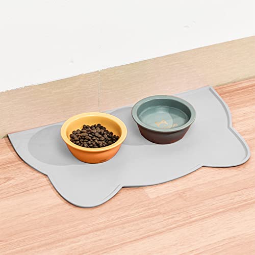 Cat Food Mat, Silicone Pet Feeding Mat for Floor Non-Slip Waterproof Dog Water Bowl Tray Cushion (17" x 10", Light Gray)