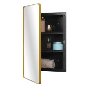 fundin plastic medicine cabinet, beveled edge mirror door with round corner metal frame, recessed and surface mount, golden,16 x 24 inch mirror size