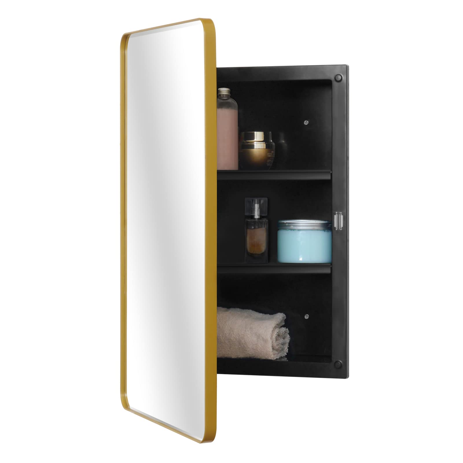 Fundin Plastic Medicine Cabinet, Beveled Edge Mirror Door with Round Corner Metal Frame, Recessed and Surface Mount, Golden,16 x 24 inch Mirror Size