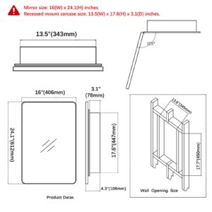 Fundin Plastic Medicine Cabinet, Beveled Edge Mirror Door with Round Corner Metal Frame, Recessed and Surface Mount, Golden,16 x 24 inch Mirror Size