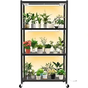 adebola plant shelf with grow lights, 4-tier metal plant stand with high intensity 3000k full spectrum grow lights for optimal plant growth, heavy duty plant shelf with wheels for indoor plants, seed starting, seedlings(31.5lx15.7wx60h, black)