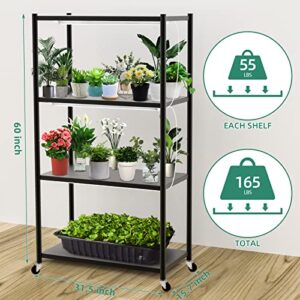 ADEBOLA Plant Shelf with Grow Lights, 4-Tier Metal Plant Stand with High Intensity 3000K Full Spectrum Grow Lights for Optimal Plant Growth, Heavy Duty Plant Shelf with Wheels for Indoor Plants, Seed Starting, Seedlings(31.5Lx15.7Wx60H, Black)