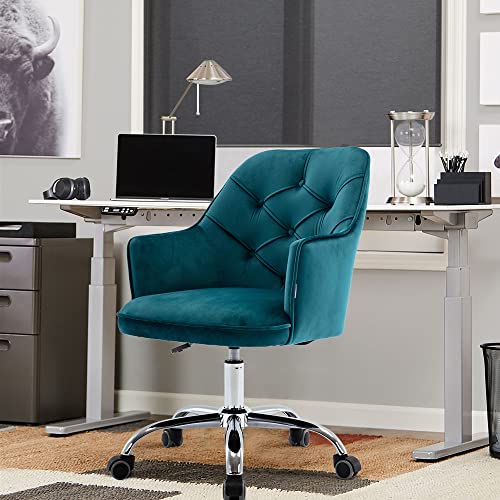 Yoluckea Modern Velvet Home Office Chair, Adjustable Swivel Office Chair for Living Room, Cute Desk Chair for Adult Teen, Upholstered Task Chair Accent Chair Executive Chair Vanity Desk Chair (Teal)