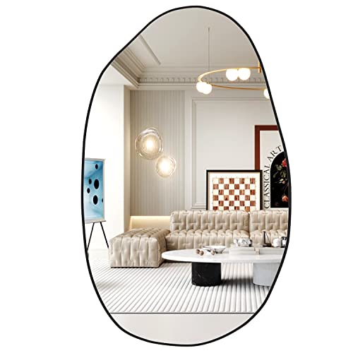 NEUWEABY Irregular Wall Mirror, Asymmetrical Mirror Large Unique Vanity Body Mirror Black Bathroom Wall Mounted Mirror 33.5"x 20.5" Modern Shaped Dressing Mirror for Living Room Entryway