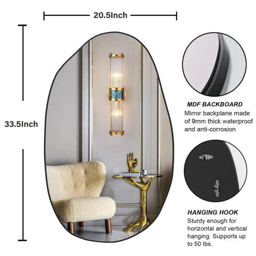 NEUWEABY Irregular Wall Mirror, Asymmetrical Mirror Large Unique Vanity Body Mirror Black Bathroom Wall Mounted Mirror 33.5"x 20.5" Modern Shaped Dressing Mirror for Living Room Entryway