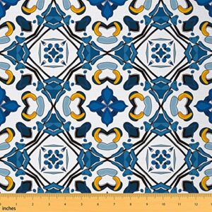 erosebridal european fabric by the yard, boho floral upholstery fabric, retro ceramic classic tilework style decorative fabric for upholstery and home accents, azure blue, 1 yard