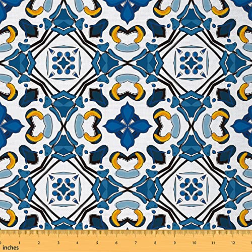 Erosebridal European Fabric by The Yard, Boho Floral Upholstery Fabric, Retro Ceramic Classic Tilework Style Decorative Fabric for Upholstery and Home Accents, Azure Blue, 1 Yard