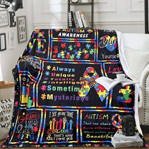 autism blanket puzzle cure awareness flannel throw gift for childs teens adults super soft lightweight breathable bed sofa couch meaningful colorful foldable unisex 100x130 black 40x50