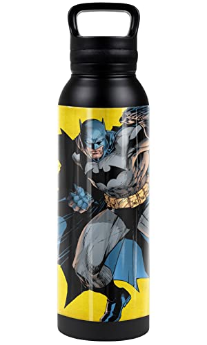 Batman OFFICIAL Classic Logo 24 oz Insulated Canteen Water Bottle, Leak Resistant, Vacuum Insulated Stainless Steel with Loop Cap, Black