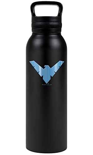 Batman OFFICIAL Batman Nightwing Logo Pattern 24 oz Insulated Canteen Water Bottle, Leak Resistant, Vacuum Insulated Stainless Steel with Loop Cap, Black