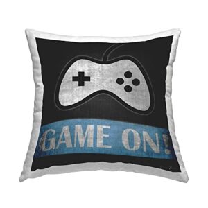 stupell industries game on gamer phrase retro distressed controller design by denise brown pillow, 18 x 18, grey