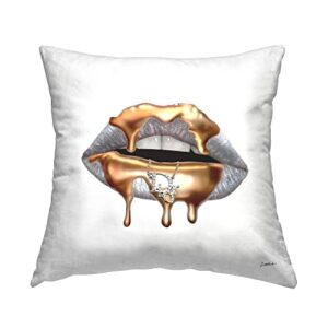 stupell industries glam silver lip portrait fashion with gold drip design by ziwei li pillow, 18 x 18, grey