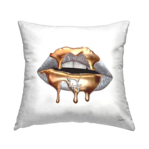 Stupell Industries Glam Silver Lip Portrait Fashion with Gold Drip Design by Ziwei Li Pillow, 18 x 18, Grey