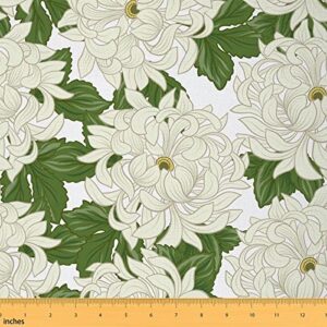 floral fabric by the yard, romantoc japanese chrysanthemum upholstery fabric, leaves decorative fabric, retro petals indoor outdoor fabric, botanical diy waterproof fabric, white green, 1 yard