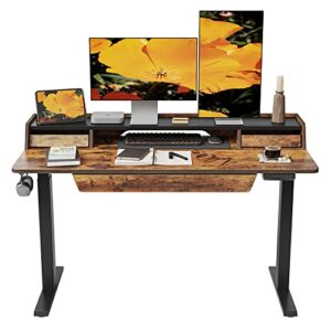 fezibo electric standing desk, 55 x 24 inches height adjustable table, ergonomic home office furniture with 3 drawers, black frame/rustic brown top