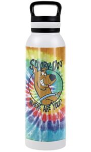 scooby doo! official tie dye 24 oz insulated canteen water bottle, leak resistant, vacuum insulated stainless steel with loop cap, white