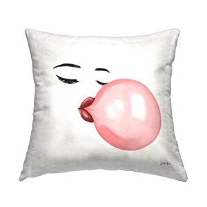 stupell industries glamorous face blowing bubble gum bold lips design by janelle penner pillow, 18 x 18, pink