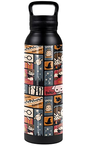 Harry Potter OFFICIAL Cute Chibi Pattern 24 oz Insulated Canteen Water Bottle, Leak Resistant, Vacuum Insulated Stainless Steel with Loop Cap, Black