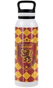 harry potter official griffindor plaid sigil 24 oz insulated canteen water bottle, leak resistant, vacuum insulated stainless steel with loop cap, white