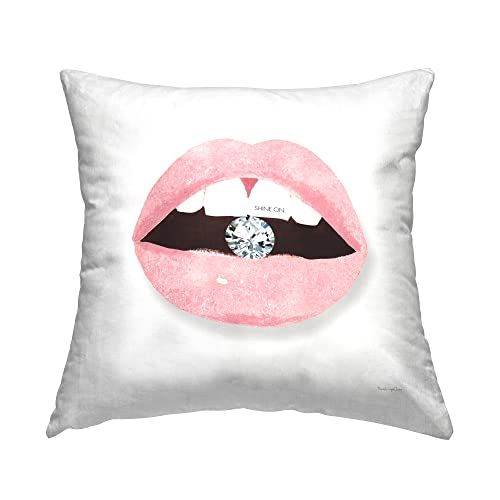 Stupell Industries Shine On Motivational Phrase Pink Lips Diamond Bite Design by Mercedes Lopez Charro Pillow, 18 x 18