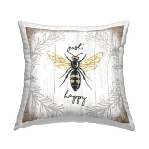 stupell industries just be happy charming rustic bee pun design by elizabeth tyndall pillow, 18 x 18, brown