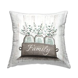 stupell industries green eucalyptus foliage jars with family sentiments design by elizabeth tyndall pillow, 18 x 18, off- white