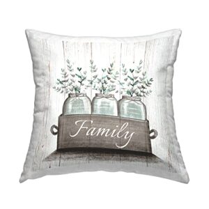 Stupell Industries Green Eucalyptus Foliage Jars with Family Sentiments Design by Elizabeth Tyndall Pillow, 18 x 18, Off- White