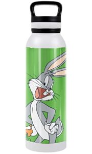 looney tunes official bugs bunny green background 24 oz insulated canteen water bottle, leak resistant, vacuum insulated stainless steel with loop cap, white